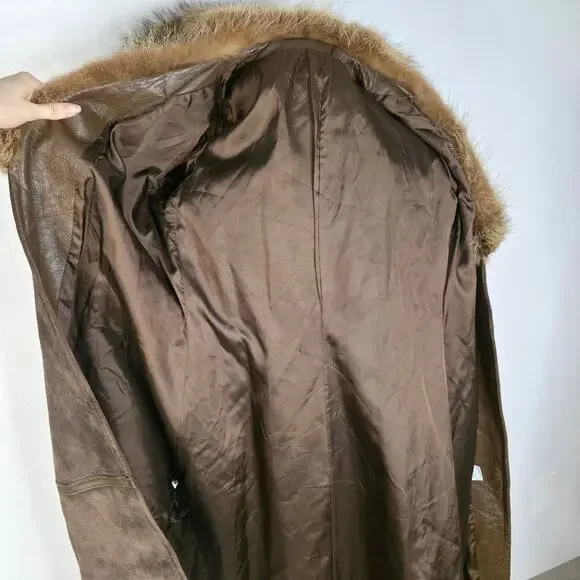 70s Real Fur Collar Suede Trench Coat Vintage Brown Long Boho Penny Lane Belt